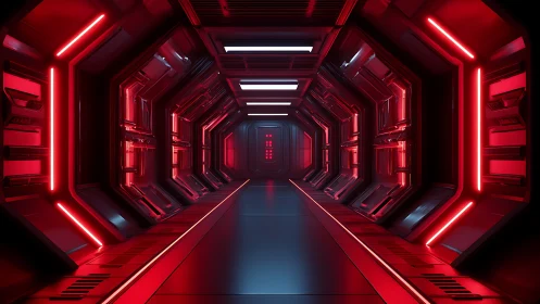 Red illuminated sci-fi corridor extends toward a central door