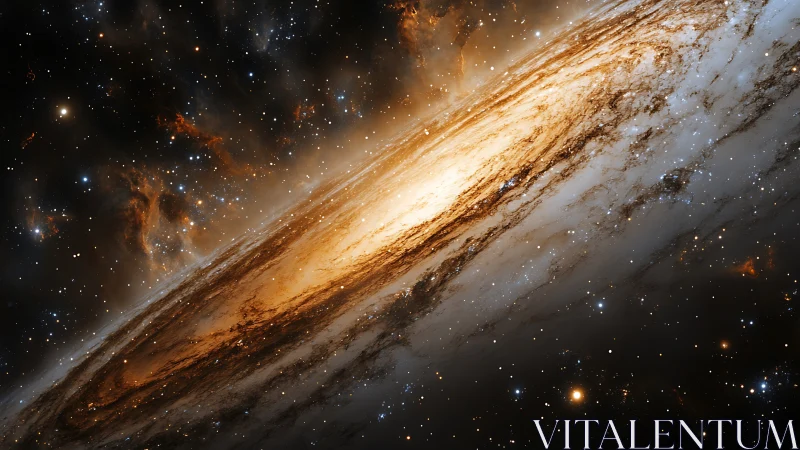 Spiral galaxy core with bright dust lanes in deep space.