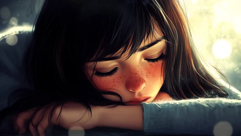 Freckled daydreamer asleep in sunlit hush of winter light.