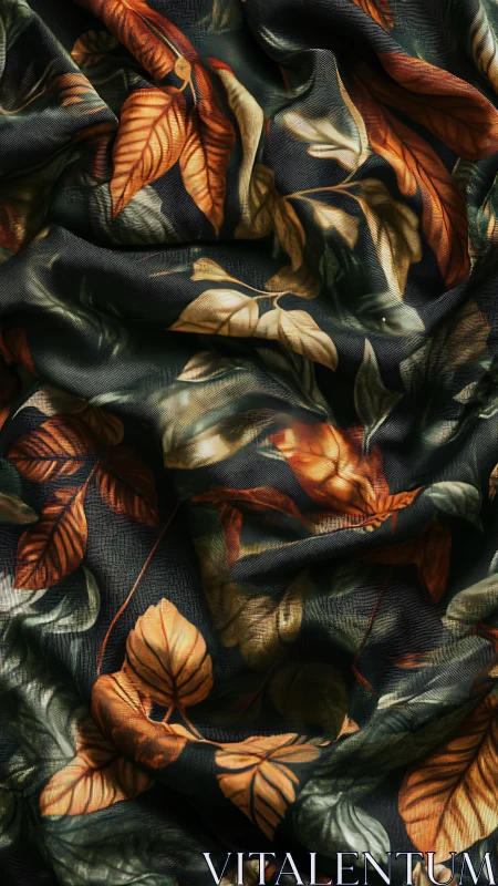Draped dark chiffon with copper botanical leaf print pattern.