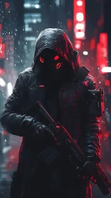 Hooded cyber assassin stalks neon city streets at night.