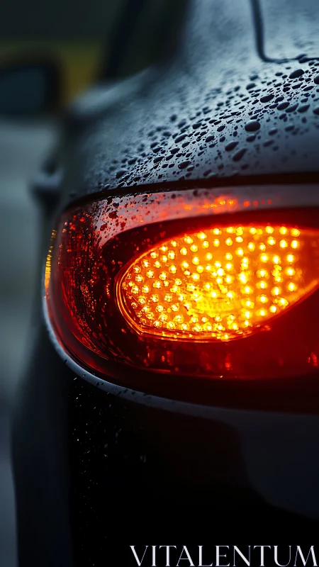 Rainy evening car taillight glowing in soft urban gloom.