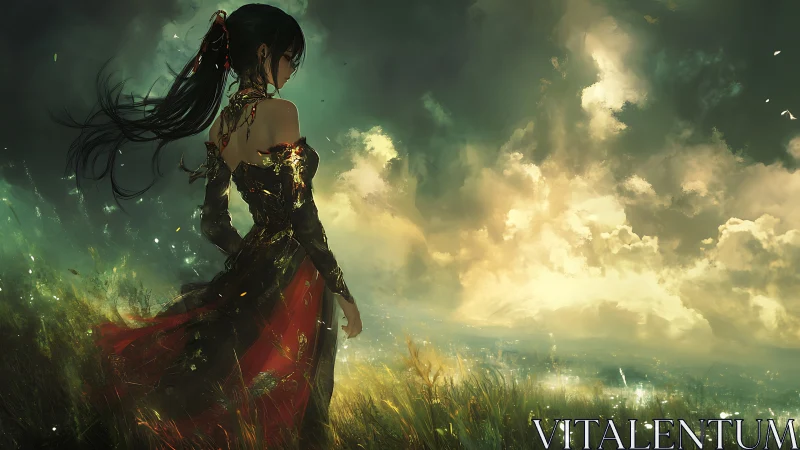 Stormlit sorceress gazes into a blazing, wind-torn horizon.