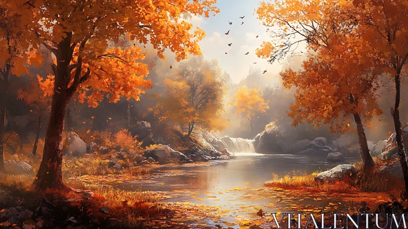 Golden autumn cascade cradles a hush of woodland light.