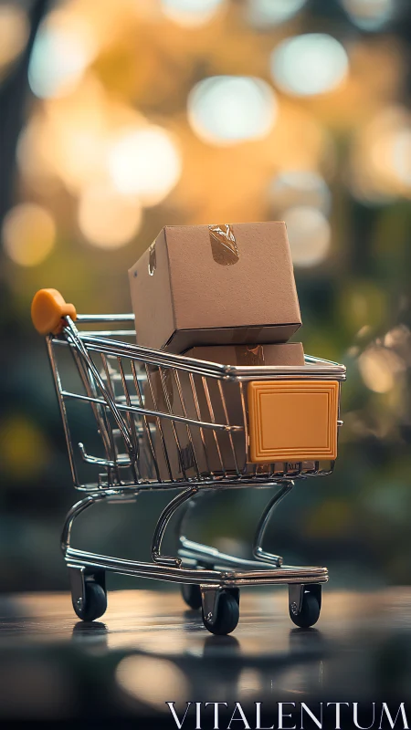 Miniature cart cradles parcels in golden bokeh daydream.