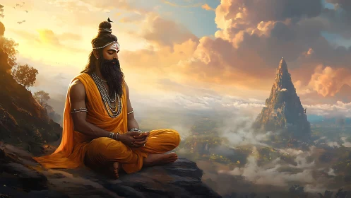 Seated ascetic meditates on cliff edge before distant peak