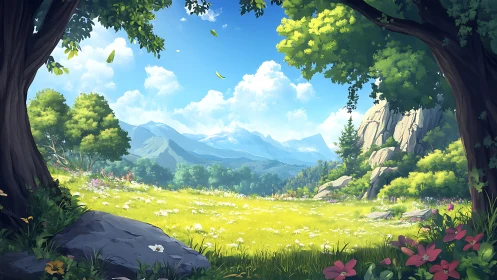 Framed landscape shows mountain range beyond sunlit meadow