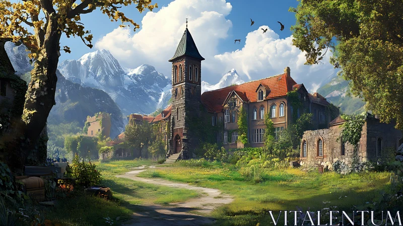 Old mountain academy dreams quietly beneath bright wings