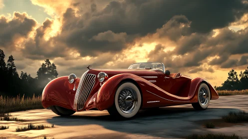 Streamlined crimson roadster under turbulent sunset sky.