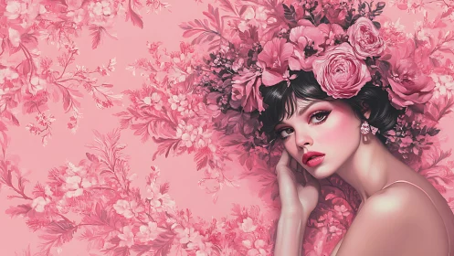 Monochrome rose-toned portrait with dense floral field integration.