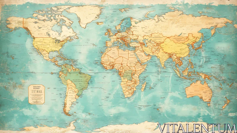 Vintage world map unfolds with weathered oceans and lands
