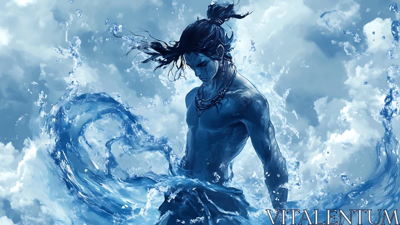 Water elemental warrior rises from swirling ocean waves