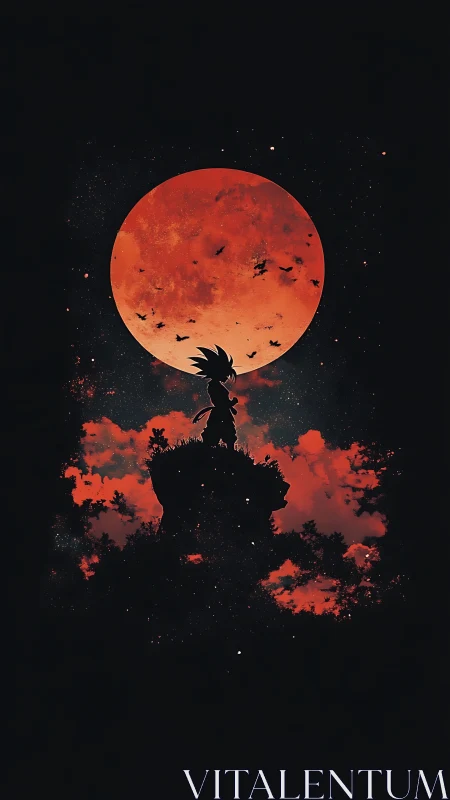 Silhouetted warrior stands beneath a vast crimson moonscape