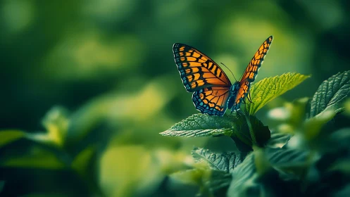 Macro study of orange butterfly on foliage with shallow depth of field