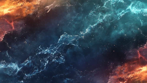 Stellar nebula bands in teal and ember cosmic contrast.