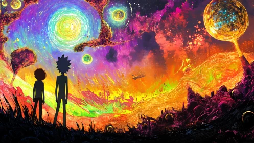 Psychedelic extraterrestrial landscape with silhouetted observers.