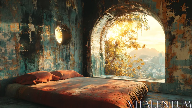 Rustic arched-window bedroom with urban sunrise vista