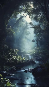 Dense forest canopy with tributary stream beneath filtered light