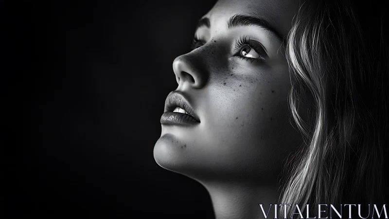 Monochrome close-up portrait isolates upward gaze in profile