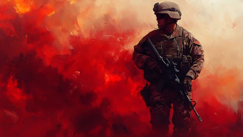 Lone soldier walks through scarlet storm of painted fire.