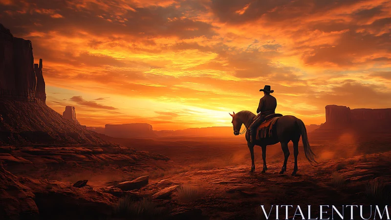 Cowboy silhouette on horseback under blazing desert sunset.