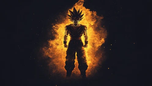 Fiery anime warrior silhouette radiates explosive power