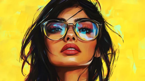 Bold digital portrait of woman in reflective glasses.