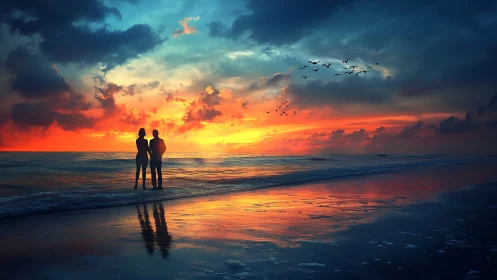 Couple embraces on shoreline under blazing sunset sky.