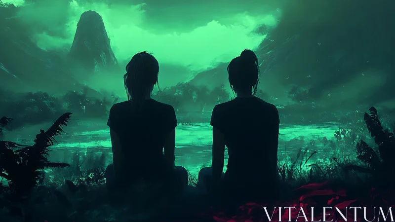 Silhouetted pair by neon lake beneath misted monolithic peak