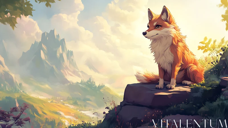 Sunlit fox sentinel gazes over misty storybook valley.