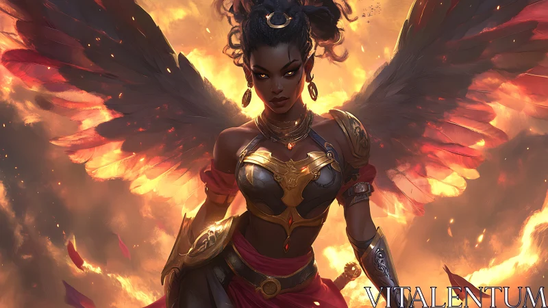 Fierce winged guardian strides forward through blazing sky