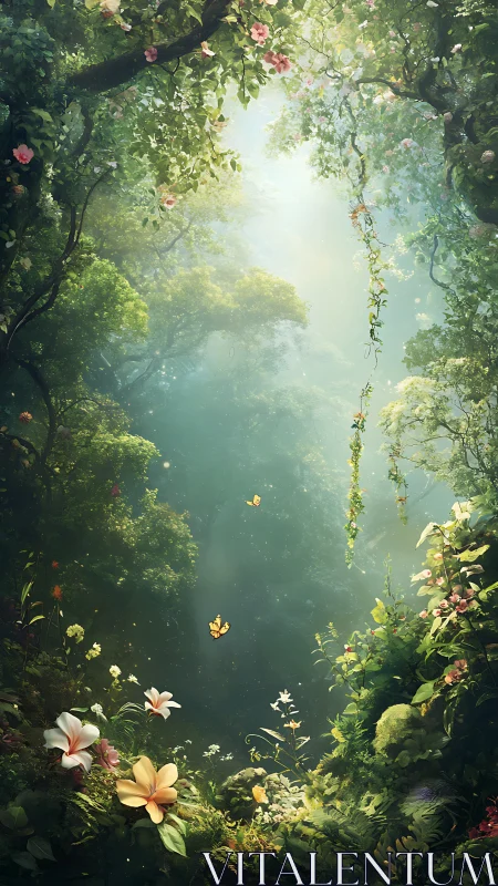 Sunlit enchanted forest glade with drifting butterflies.