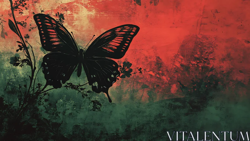 Midnight butterfly poised between red twilight and mossy dusk.