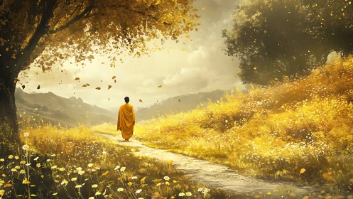 Golden leaves escort a lone monk along his quiet path