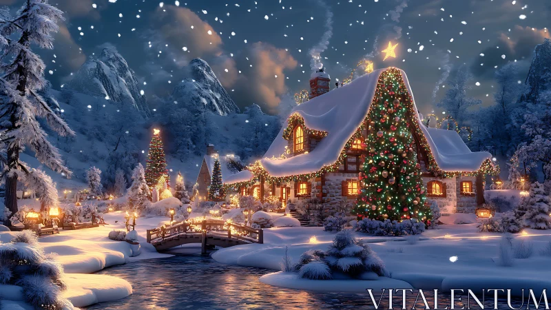 Snow-covered cottage and trees display seasonal lighting
