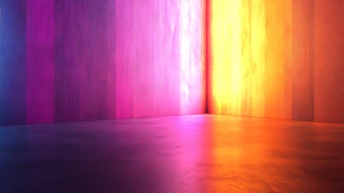 Neon gradient corner room with glowing purple orange walls.