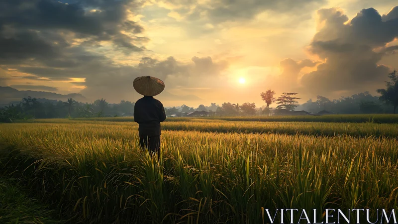 Farmer stands in rice field watching low sun over horizon