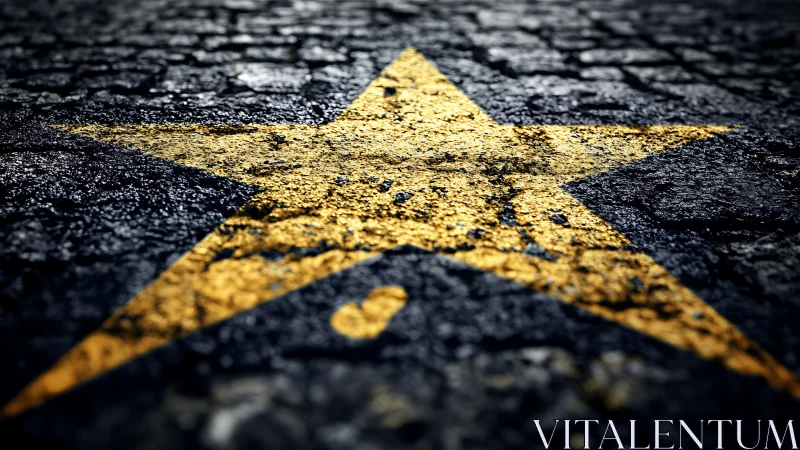 Golden street star shines over dark wet cobblestone road