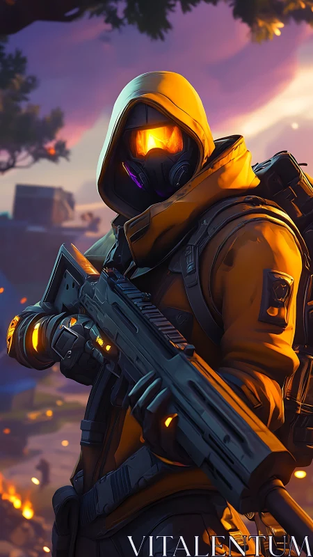 Hooded ember sentinel stalks twilight ruins with glowing rifle