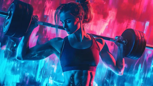 Bilateral neon lighting sculpts muscular woman performing barbell squat