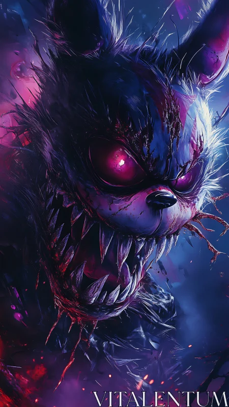 Nightmare creature bares glowing fangs in neon storm haze