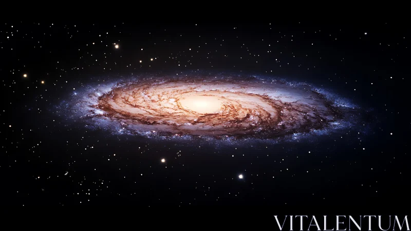 Spiral galaxy viewed edge-on in deep space star field.