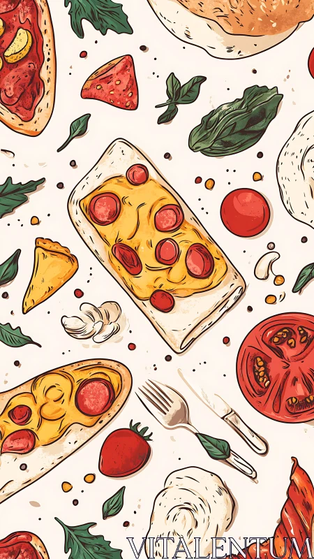 Seamless hand drawn pizza slices with herbs and toppings