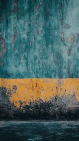 Weathered teal wall with bold yellow band and dark base