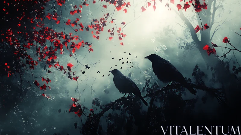 Two quiet crows resting beneath glowing crimson leaves.