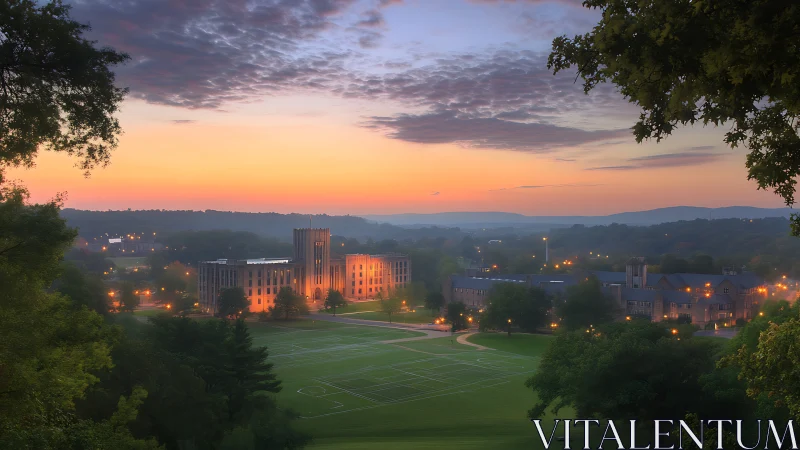 University campus landscape at sunrise with sports field.