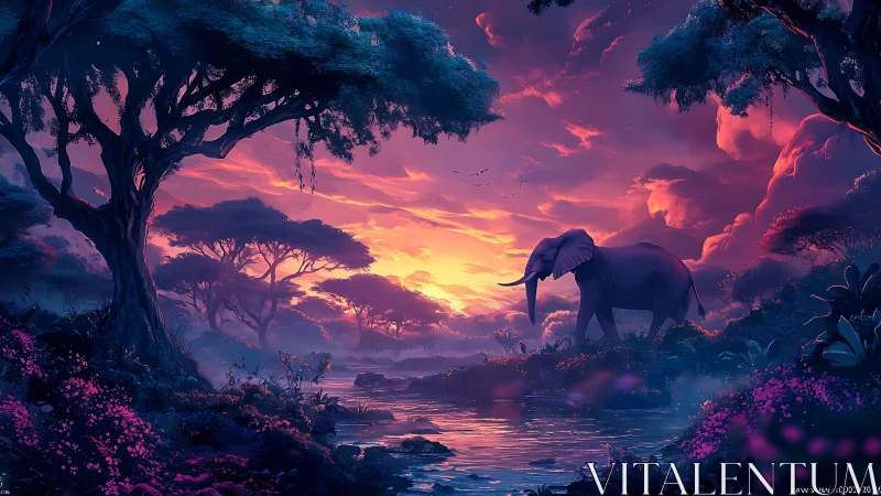 Twilight elephant wandering through neon dream jungle dusk.