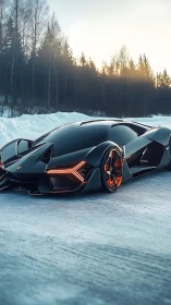 Midnight cyber-lambo prowls frosted forest racetrack dream.