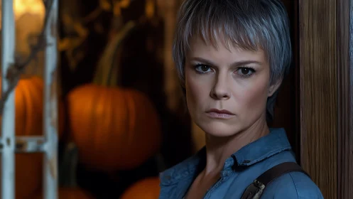 Intense silver-haired woman in denim before dim pumpkin display