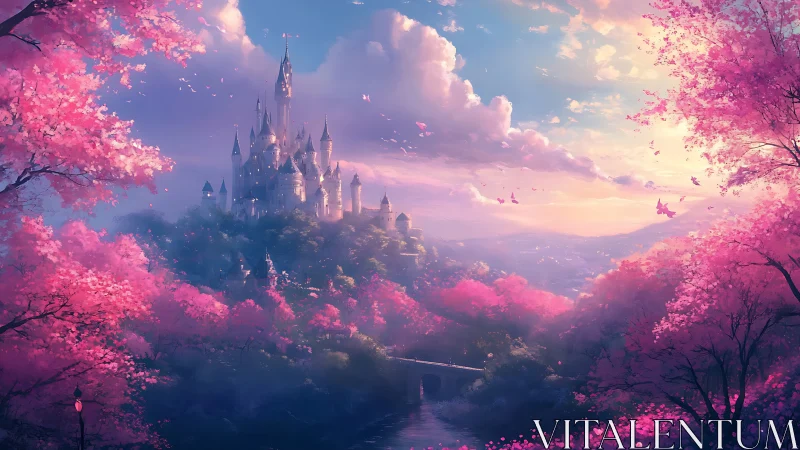 Blossom-wreathed hilltop castle adrift in rosy twilight.